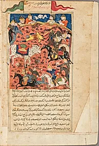 Manuscript pages showing battle scenes