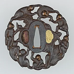 Sword Guard (<i>Tsuba</i>) Depicting Group of Monkeys in a Peach Tree (猿猴摘桃透鐔)