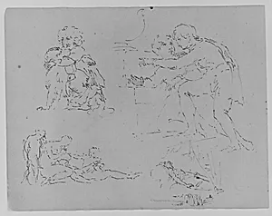 Child with Dog; Two Figures in Encounter; Two Figures and Child Attending to Dying Male [?]; Figure on Deathbed (from Sketchbook) by Thomas Sully