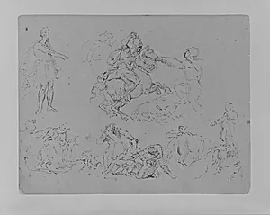 Figure Sketches, Including Battling Equestrain, Roman Caesar Type Pointing, Bloody Brawl, Etc. (from Sketchbook) by Thomas Sully