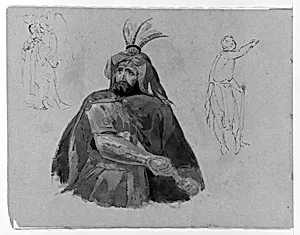 Half-length Bearded Man in Armor and Cape, Drawing Sword (Macbeth?); Three Standing Angels (or Witches?); Male Figure in Skins (from Sketchbook) by Thomas Sully