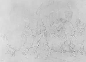 Illustration to William Cowper's Poem "The Diverting History of John Gilpin": John Gilpin's Neighbors Cheer His Speedy Departure from Town as His Horse Runs Away with Him