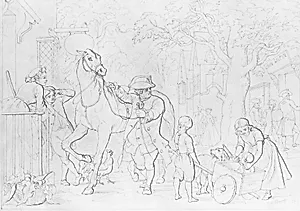 Illustration to William Cowper's Poem "The Diverting History of John Gilpin": John Gilpin Is Delayed Going to Church by Three Customers Entering His Linendraper's Shop by John Whetten Ehninger