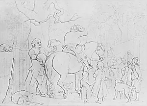 Illustration to William Cowper's Poem "The Diverting History of John Gilpin": The Calenderer of Ware Offers John Gilpin His Hat and Periwig by John Whetten Ehninger