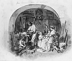 Interior Setting: Carpenter at Work with Family (from Cropsey Album) by Constant Mayer