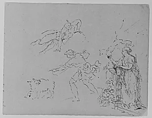 Male [Breaking Fall]; Male Gesturing Toward Dog; Female on Step Leaning Against Column by Foliage (from Sketchbook) by Thomas Sully