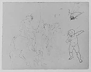 Standing Woman; Child Leaning by a Fishbowl; Weeping Putto; Mounted Soldier; Kicking Horse and Fallen Rider; Half-length Seated Figure; Rowboat (from Sketchbook) by Thomas Sully