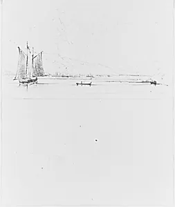 Study of Lake, with Sailboat and Canoe, Set Against Mountains (from Sketchbook) by John William Casilear