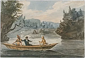 Two Indians and a White Man in a Canoe