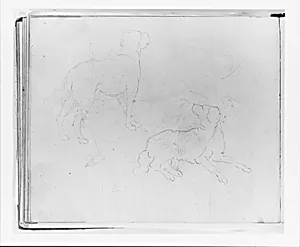 Two Studies of a Dog: Three Quarter Rear View Standing; Lying Down (from Sketchbook) by Francis William Edmonds
