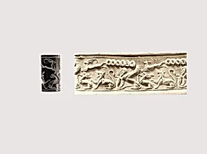 Cylinder seal and modern impression: animal combat and sphinx