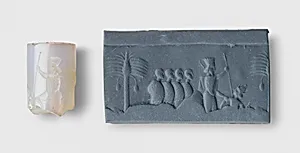 Cylinder seal and modern impression: battle scene with king, soldiers, enemy