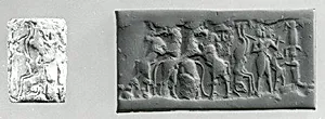 Cylinder seal and modern impression: bull-man, bearded hero, and lion contest frieze