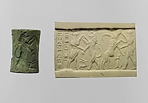 Cylinder seal and modern impression: bull-man combatting lion; nude hero combatting water buffalo; inscription