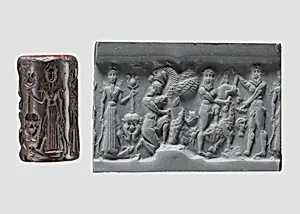 Cylinder seal and modern impression: heroes and animals in combat, head of the monster Humbaba