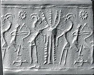 Cylinder seal and modern impression: kneeling archer and goats flanking tree 