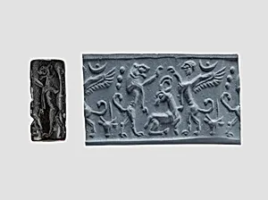 Cylinder seal and modern impression: lion and sphinx over an antelope