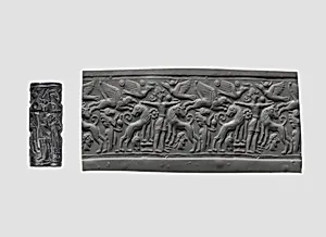 Cylinder seal and modern impression: Master of Animals between lions, griffins, Minoan genius