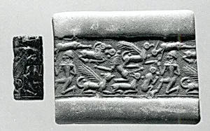 Cylinder seal and modern impression: nude male, griffins, monkey, lion, goat