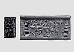 Cylinder seal and modern impression: snake god and deities with hands and feet in the form of snakes, scorpions, and goats