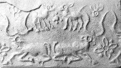 Cylinder seal and modern impression: two horned animals, rosettes