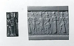 Cylinder seal and modern impression: worshiper and the sun god; king; bull-man and a lion-man