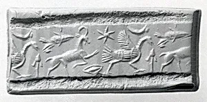 Cylinder seal (with caps preserved) with animals and divine symbols