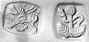Double-sided stamp seal: snake behind tree; winged dragon