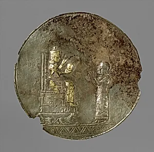 Medallion with a seated deity and a male worshiper