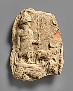 Molded plaque: the weather god Adad and a bull standing on a lion-dragon