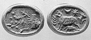 Stamp seal (bifacial disk) with animals and divine symbols