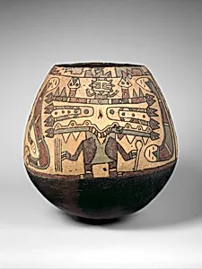 Neckless jar with complex scene