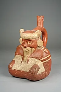 Stirrup spout bottle with sitting figure