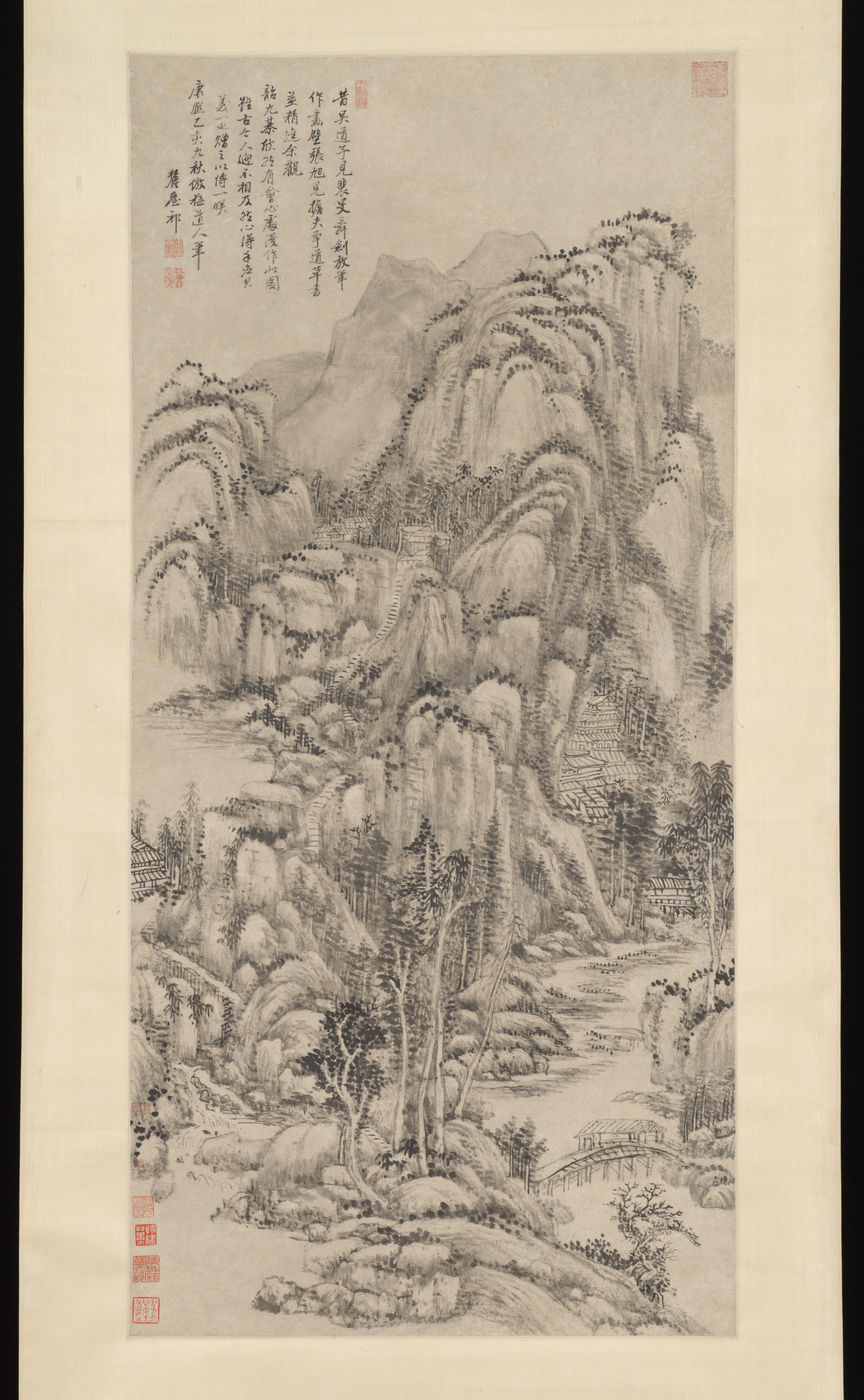中国古美術『王原祁款 山水画』宣紙 三尺中堂画 表装済 卷物 水墨画 旧蔵 模写 landscape-after-wu-zhen-49185.webp