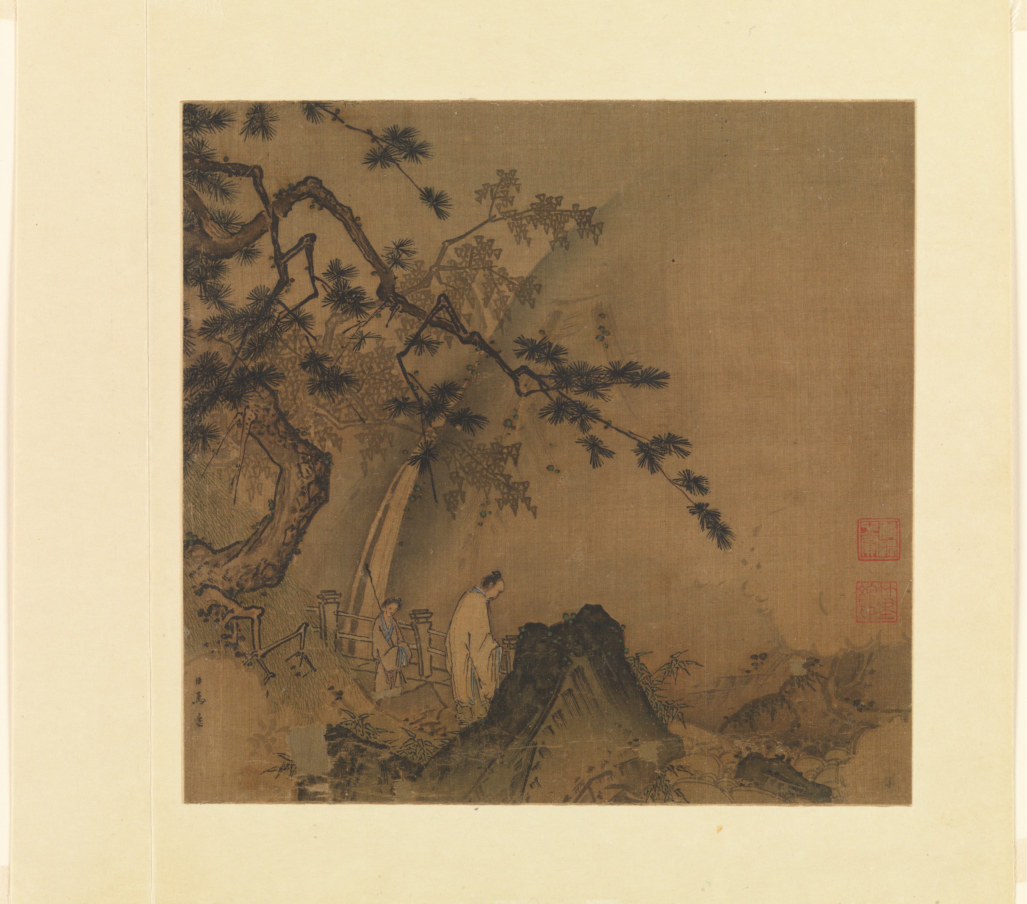 南宋馬遠高士觀瀑圖冊頁絹本|Scholar viewing a waterfall - Ma Yuan