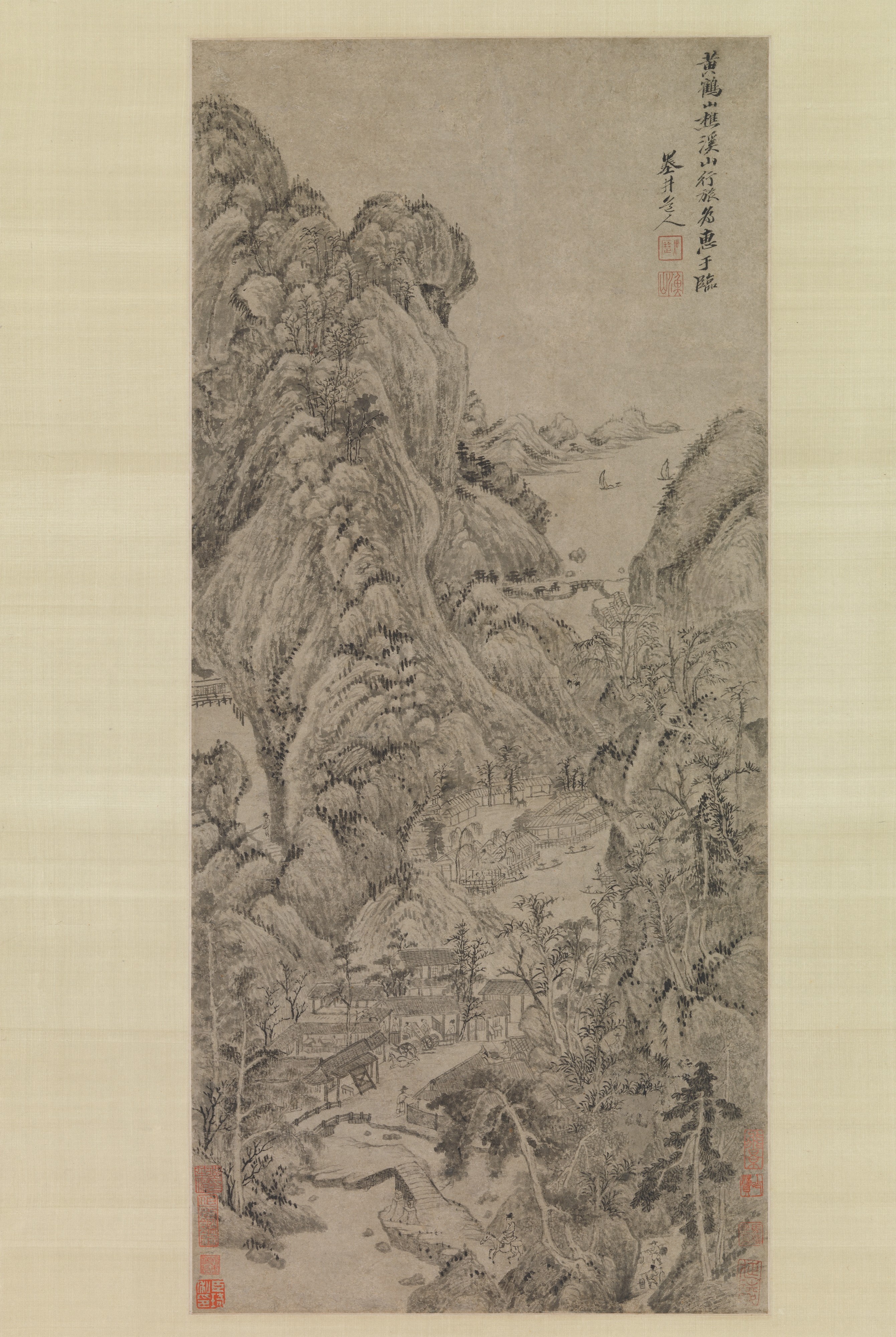清吳歷倣王蒙溪山行旅圖軸|Travelers among Streams and Mountains - W