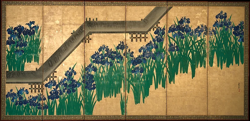 Irises at Yatsuhashi (c. 1710s) by Ogata Kōrin Edo Period (Japan) — Irises at Yatsuhashi (c. 1710s) by Ogata Kōrin