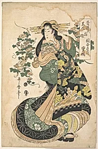 青楼美人　六花撰　岡本屋内　重岡|A Courtesan with Morning-glories on the Background