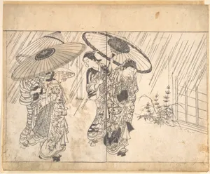 A Lady with Three Attendants in the Rain