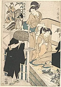 忠臣蔵九段目|A Woman at Her Toilet Seated before a Mirror, Having Her Hair combed by a Kameyui (Woman Hairdresser) by Kitagawa Utamaro