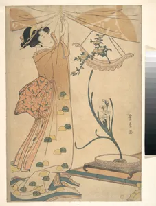 A Woman Tying up a Curtain, a Flower Arrangement of Chrysanthemums in a Boat-shaped Hanging Vase, and Narcissus Arranged in a Flower Vase