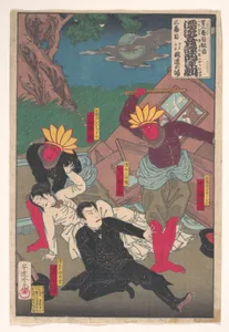 安達吟光画　第二番目狂言　 漂流奇譚 　西洋劇 　三幕目　アメリカ鉄道の場|“Act II, Scene 2: Along Train Tracks in America,” from the series The Strange Tale of the Castaways: A Western Kabuki