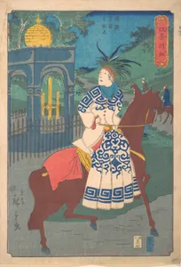 二代歌川広重画　『亜墨利加　横浜本村本牧道』|American Woman Riding Side-Saddle on the Road at Honmoku, Motomura, Yokohama (America Yokohama Motomura Honmoku michi)