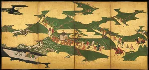 源氏物語図屏風「御幸」・「浮船」・「関谷」|“An Imperial Excursion” (Miyuki), “A Boat Cast Adrift” (Ukifune), and “The Barrier Gate” (Sekiya)