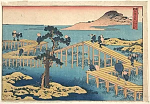 諸國名橋奇覧　三河の八ツ橋の古図|Ancient View of Yatsuhashi in Mikawa Province (Mikawa no Yatsuhashi no kozu), from the series Remarkable Views of Bridges in Various Provinces (Shokoku meikyō kiran) by Katsushika Hokusai