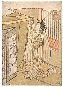 A Girl Hanging up a Mosquito Net Canopy over Her Bed. by Isoda Koryūsai