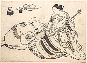 A Man in a Kneeling Posture Bending Forward and Listening to an Oiran who is Playing the Shamisen by Okumura Masanobu