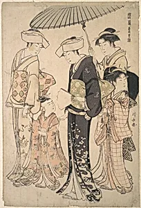 Two Women in Summer Costume Taking a Young Girl to a Shinto Temple for the Miya Mairi Ceremony by Torii Kiyonaga
