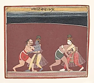 Krishna and Balarama Fight the Evil King Kamsa’s Wrestlers: Page from a Dispersed Bhagavata Purana