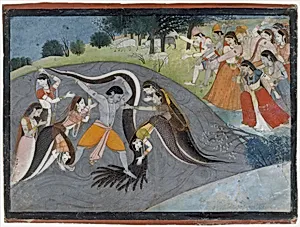 Krishna Subduing Kaliya, the Snake Demon: Folio from a Bhagavata Purana Series by First generation after Manaku and Nainsukh